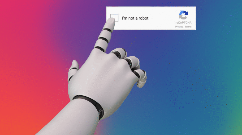 A robot clicking on the I'm not a robot reCAPTCHA