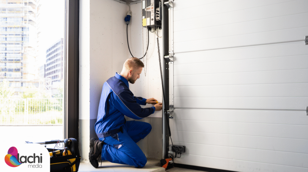 Garage door repair technician on a maintenance job