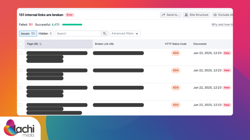 screenshot of an SEO audit tool tracking for broken internal links
